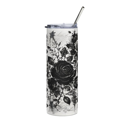 Tall tumbler with a black rose floral design and handwritten script.