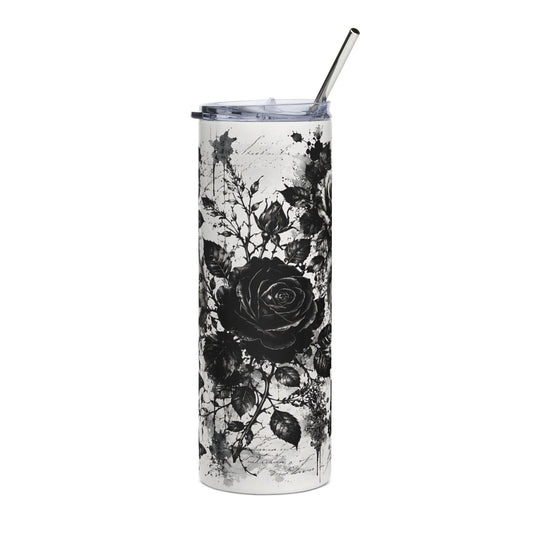 Tall tumbler with a black rose floral design and handwritten script.