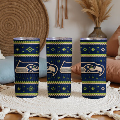 Seattle Seahawks tumblers with a navy, green, and beige knit pattern.