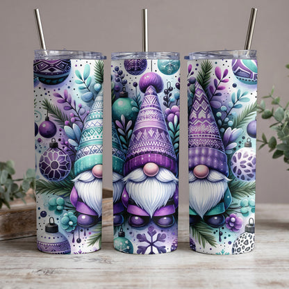 Three tumblers with a watercolor gnome and Christmas ornament design.