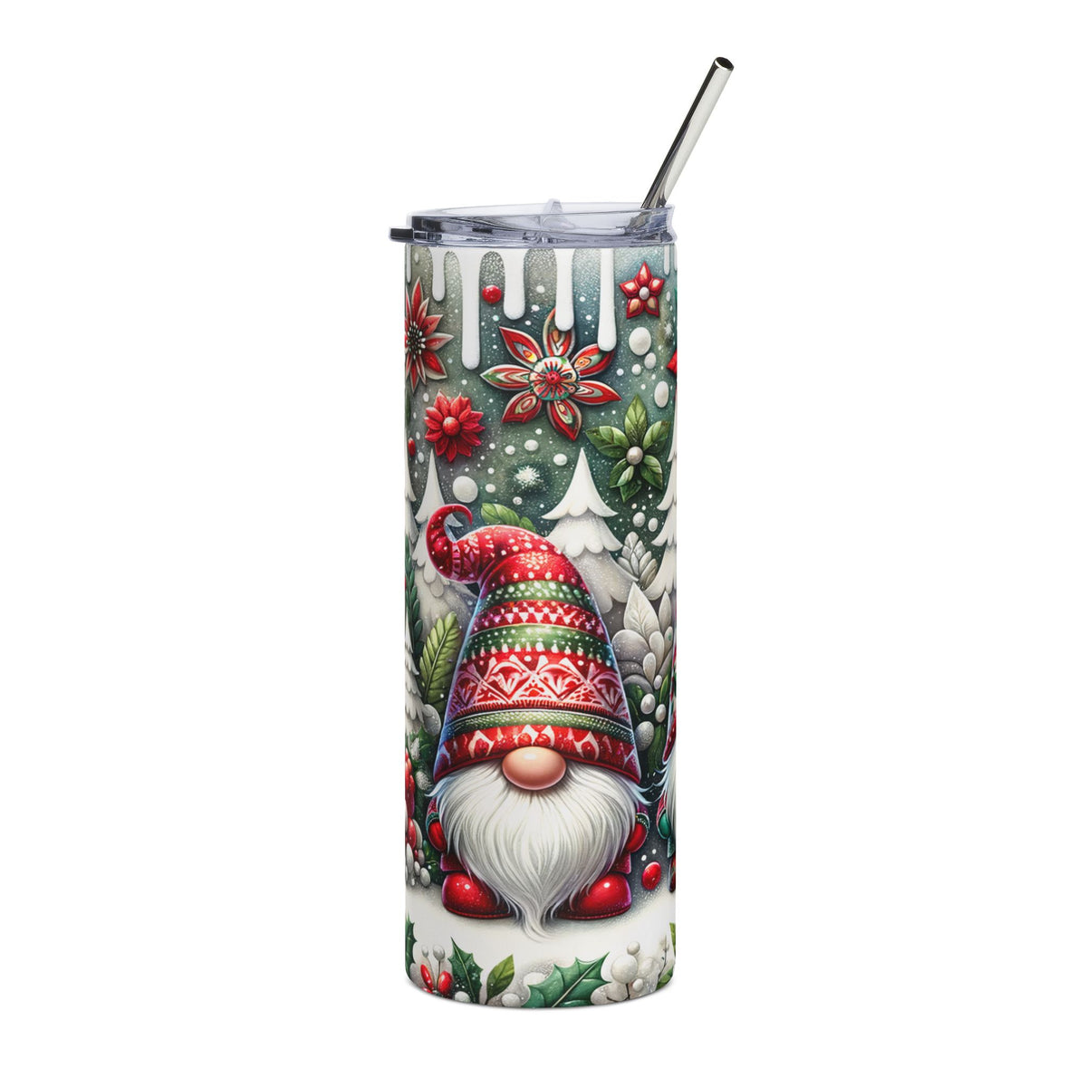 Tall tumbler with a Christmas gnome and winter scene design, includes straw.