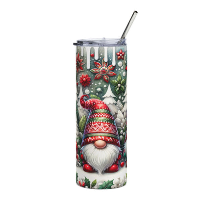 Tall tumbler with a Christmas gnome and winter scene design, includes straw.