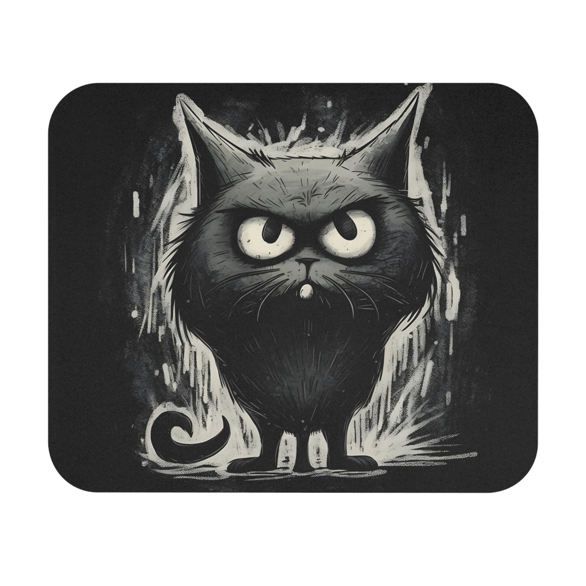 Grumpy black cat with large eyes and swirly tail on a dark, textured background.