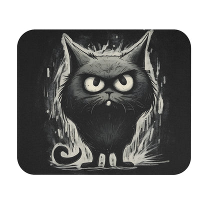 Grumpy black cat with large eyes and swirly tail on a dark, textured background.