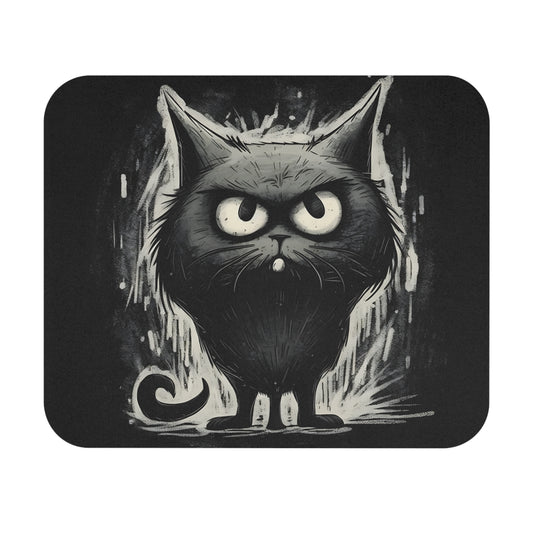 Grumpy black cat with large eyes and swirly tail on a dark, textured background.