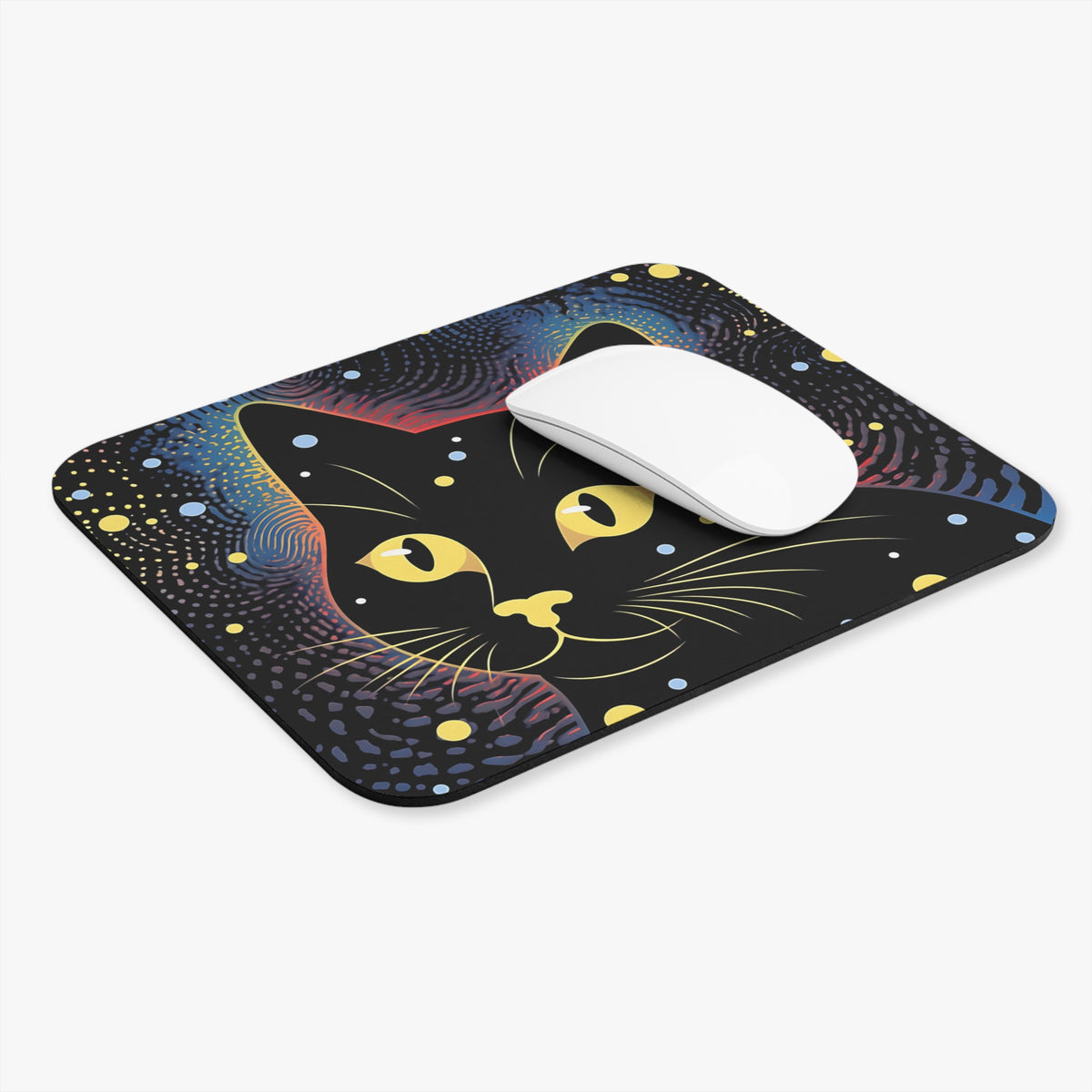 Black cat mousepad with a vibrant, starry, psychedelic design and a white mouse.