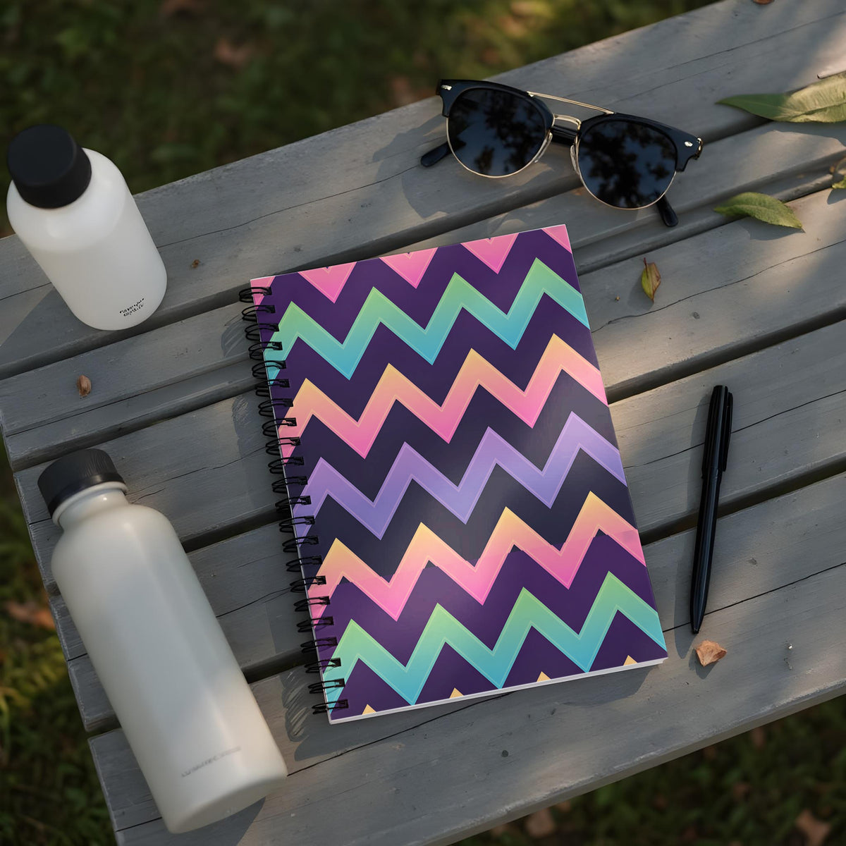 Spiral notebook with multicolor chevron pattern, water bottles, sunglasses, and pen on a wooden bench.