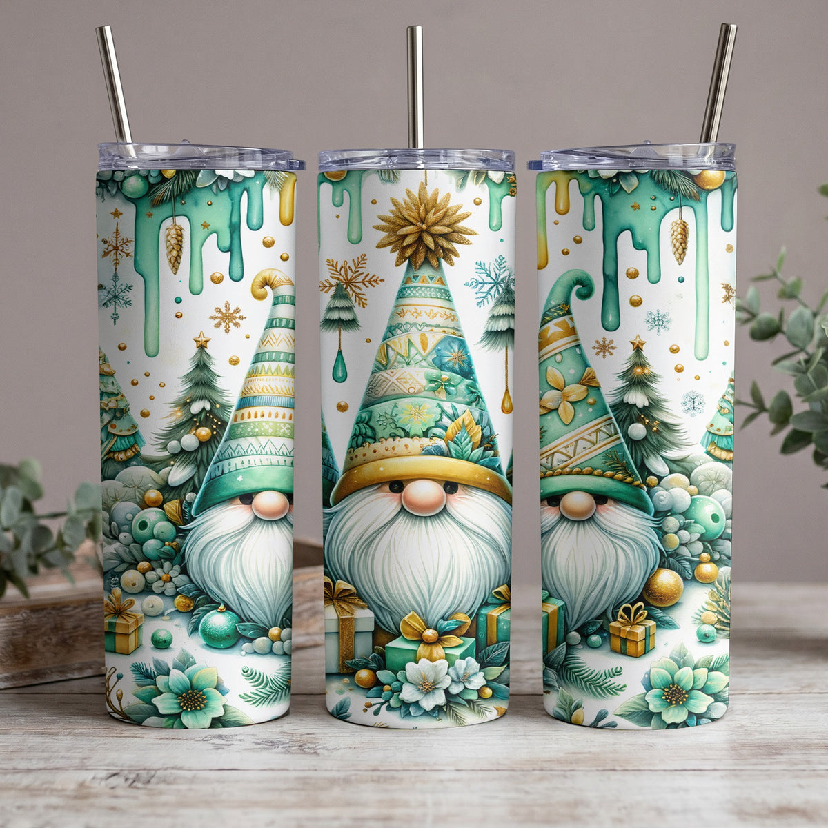 Three skinny tumblers with a Christmas gnome and festive woodland design.