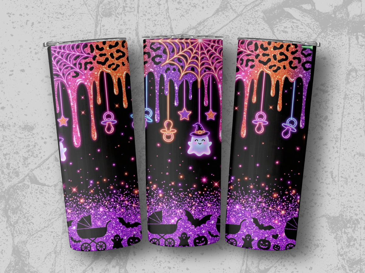 Three tumblers with a black background, glitter, Halloween motifs, and dripping neon designs.