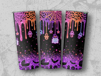 Three tumblers with a black background, glitter, Halloween motifs, and dripping neon designs.
