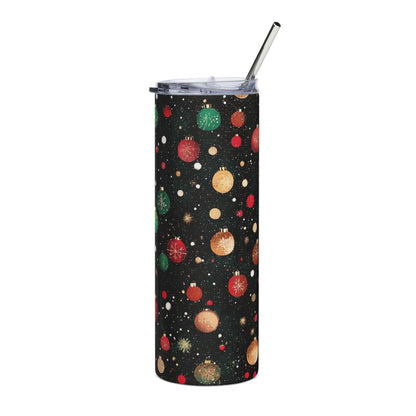 Black tumbler with a festive Christmas ornament pattern and a silver straw.
