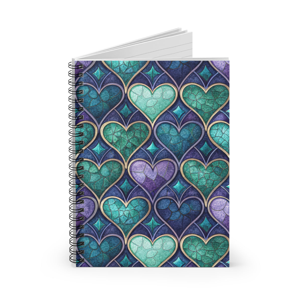 Spiral-bound notebook with iridescent heart pattern in blue, green, and purple.