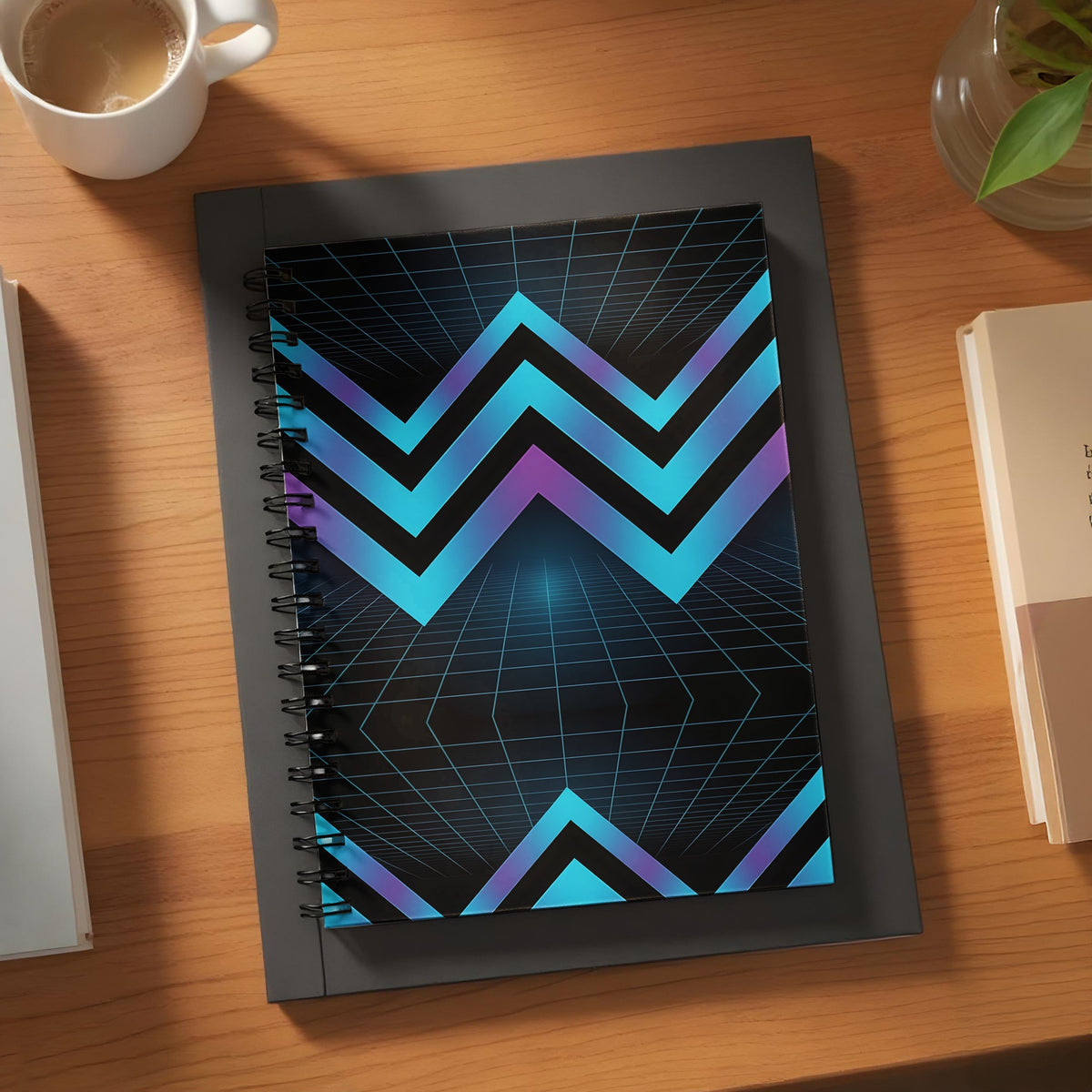 Spiral bound notebook with a futuristic zigzag pattern and grid design.