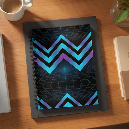Spiral bound notebook with a futuristic zigzag pattern and grid design.