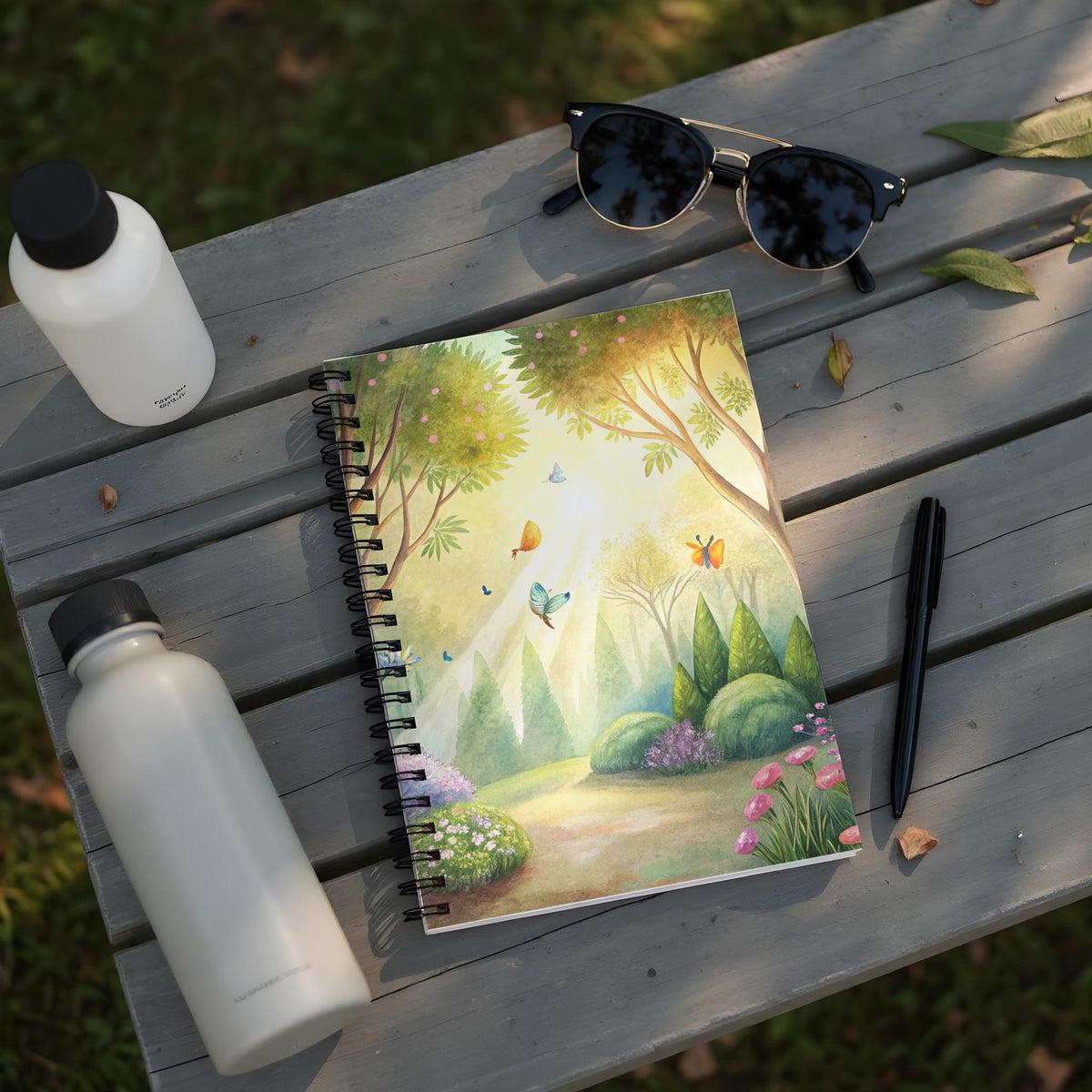 Spiral notebook with watercolor garden scene featuring trees, butterflies, and flowers.