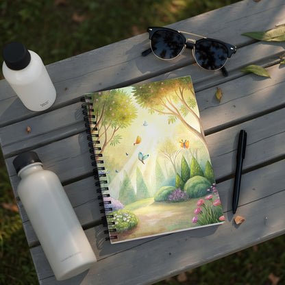 Spiral notebook with watercolor garden scene featuring trees, butterflies, and flowers.
