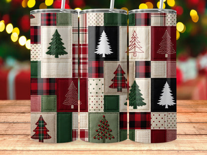 Three tumblers featuring a Christmas quilt pattern with various pine tree designs.