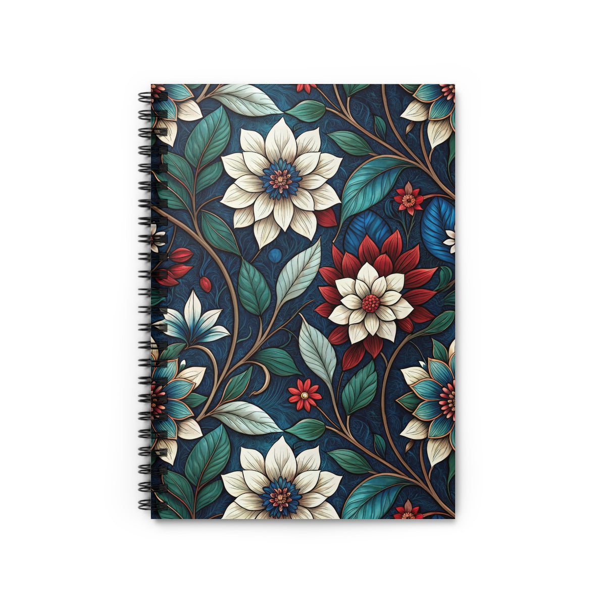 Spiral-bound notebook with a dark blue background and a floral pattern of red, white, and blue flowers.