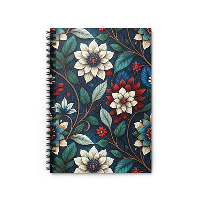Spiral-bound notebook with a dark blue background and a floral pattern of red, white, and blue flowers.