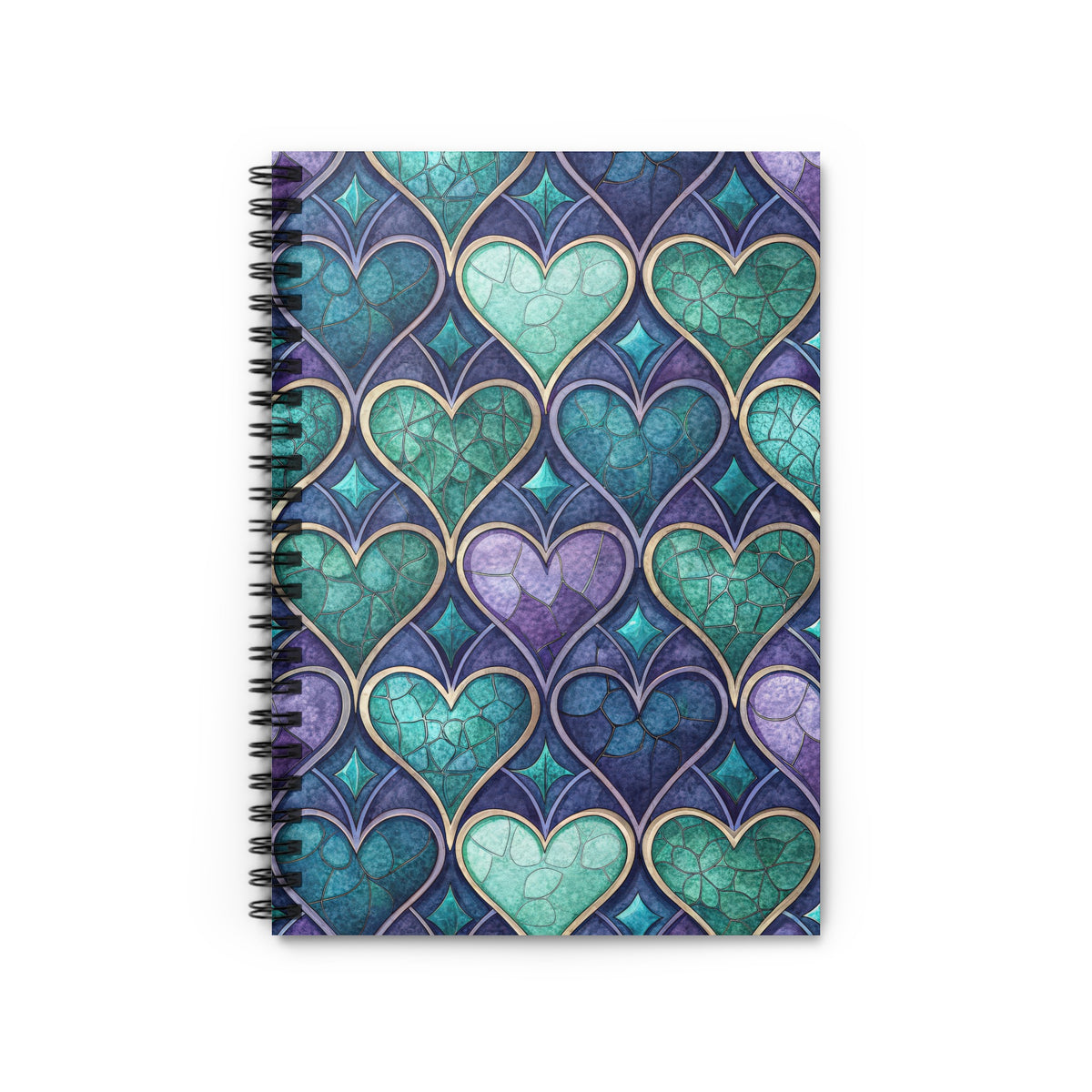 Spiral-bound notebook with a stained-glass heart pattern in blue, teal, and purple.