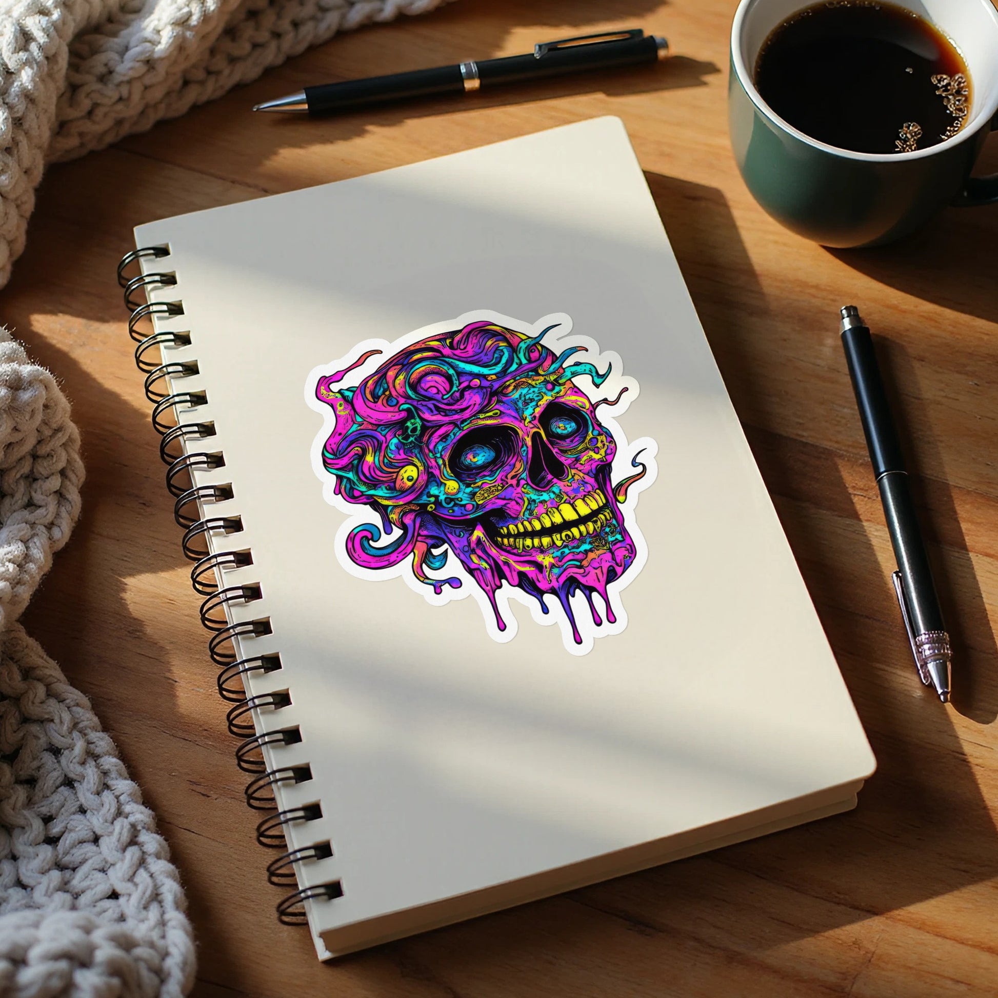 Vibrant, melting skull sticker on an open notebook with pens and coffee.