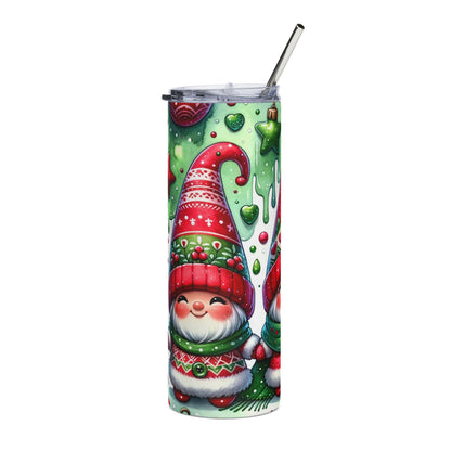 Tumbler with gnomes wearing Christmas hats and scarves, holding trees.
