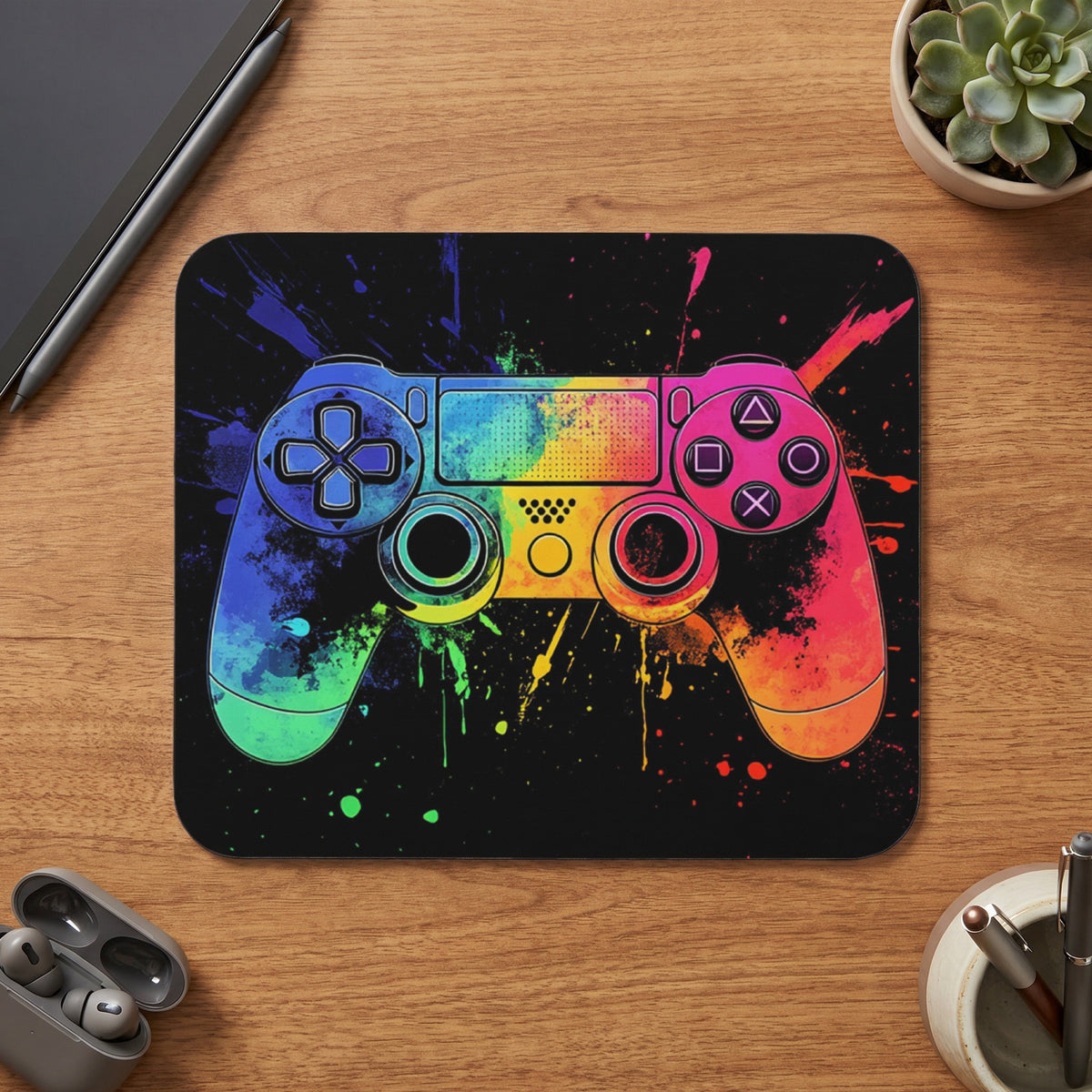 Game controller with colorful paint splatters on a black background.