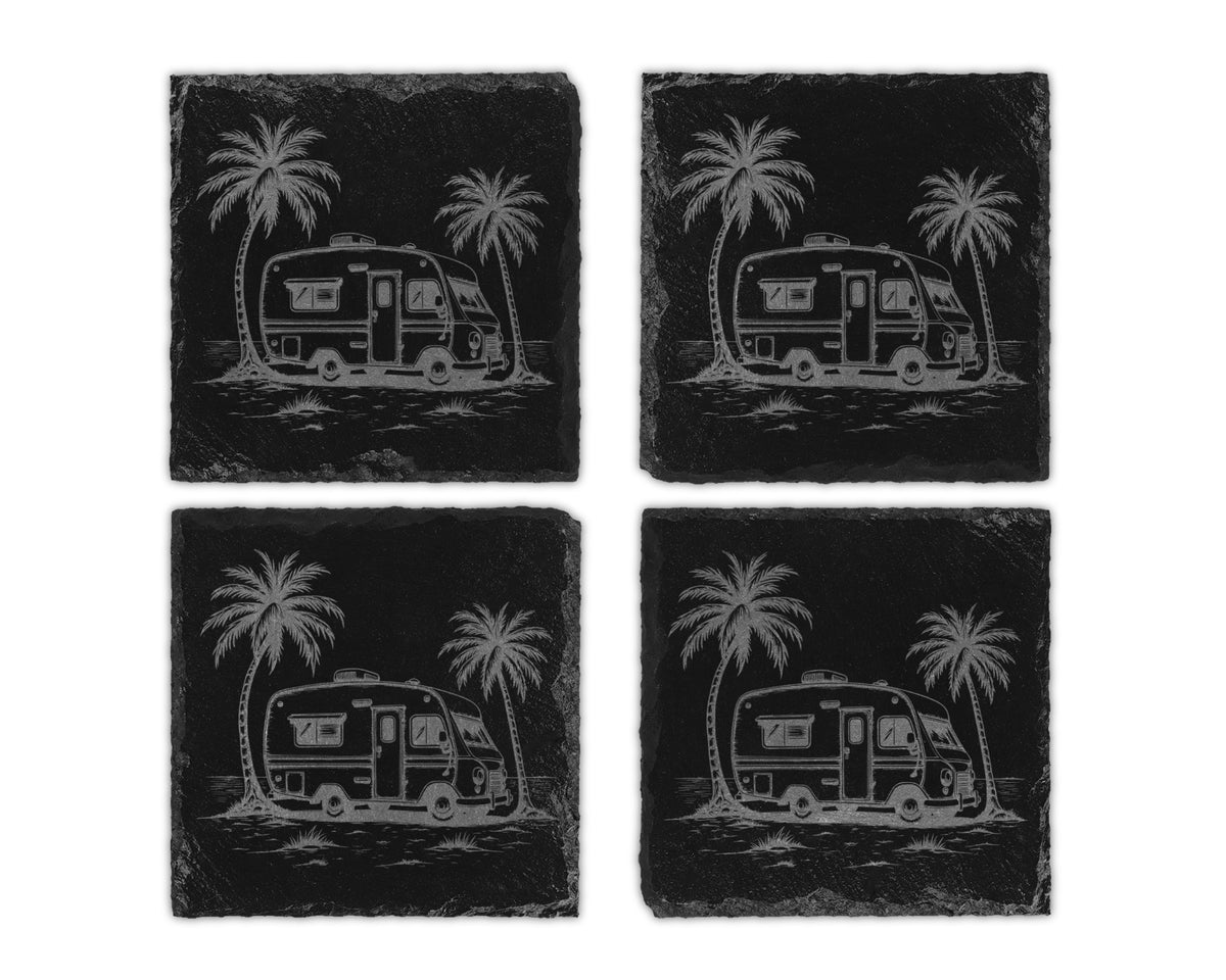 Four slate coasters each featuring an etched image of a camper van next to a palm tree.