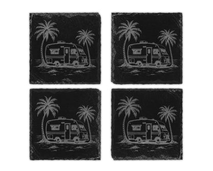 Four slate coasters each featuring an etched image of a camper van next to a palm tree.