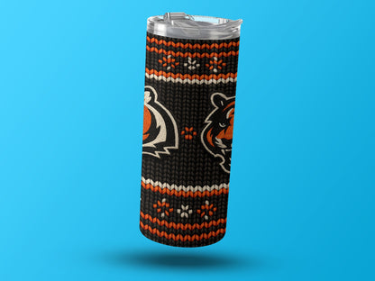 Black tumbler with orange and white tiger logos and snowflake pattern.