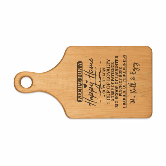 Wooden cutting board with "Recipe for a Happy Home" engraved design.