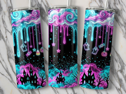 Three tumblers with neon Halloween design: haunted houses, ghosts, stars, and candy.