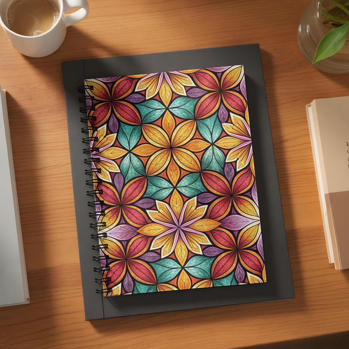 Spiral bound notebook with a colorful stained glass floral pattern.