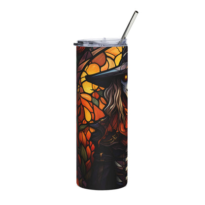Tall tumbler with a stained-glass style image of a witch and pumpkins.