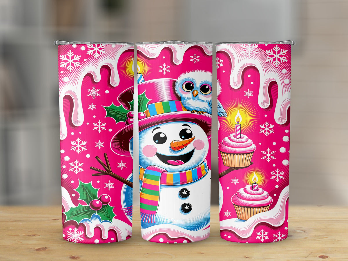 Pink tumbler with a cheerful snowman, blue owl, cupcakes, and snowflakes.