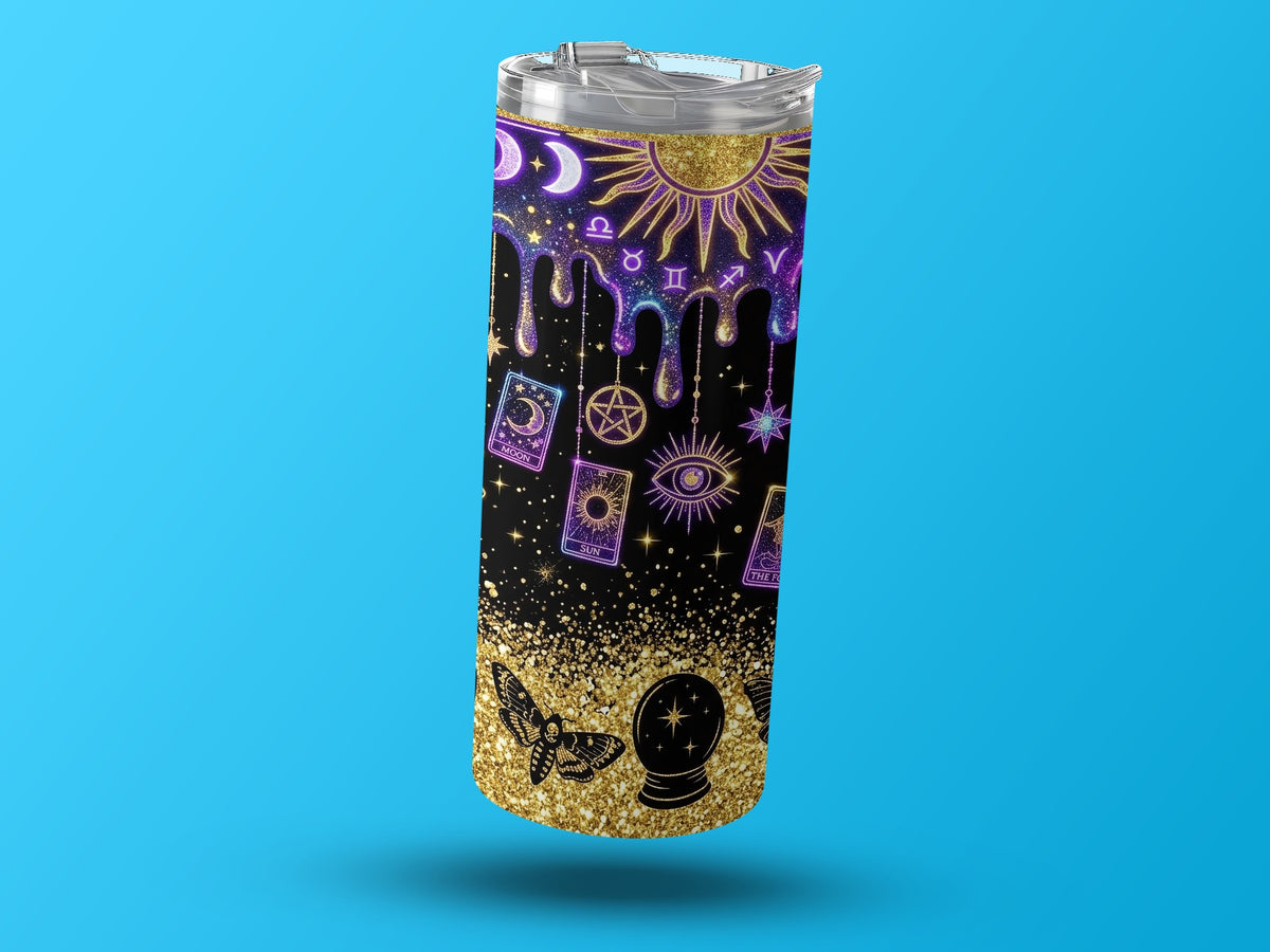 Tumbler with celestial and tarot card design featuring sun, moon, zodiac, and moth.