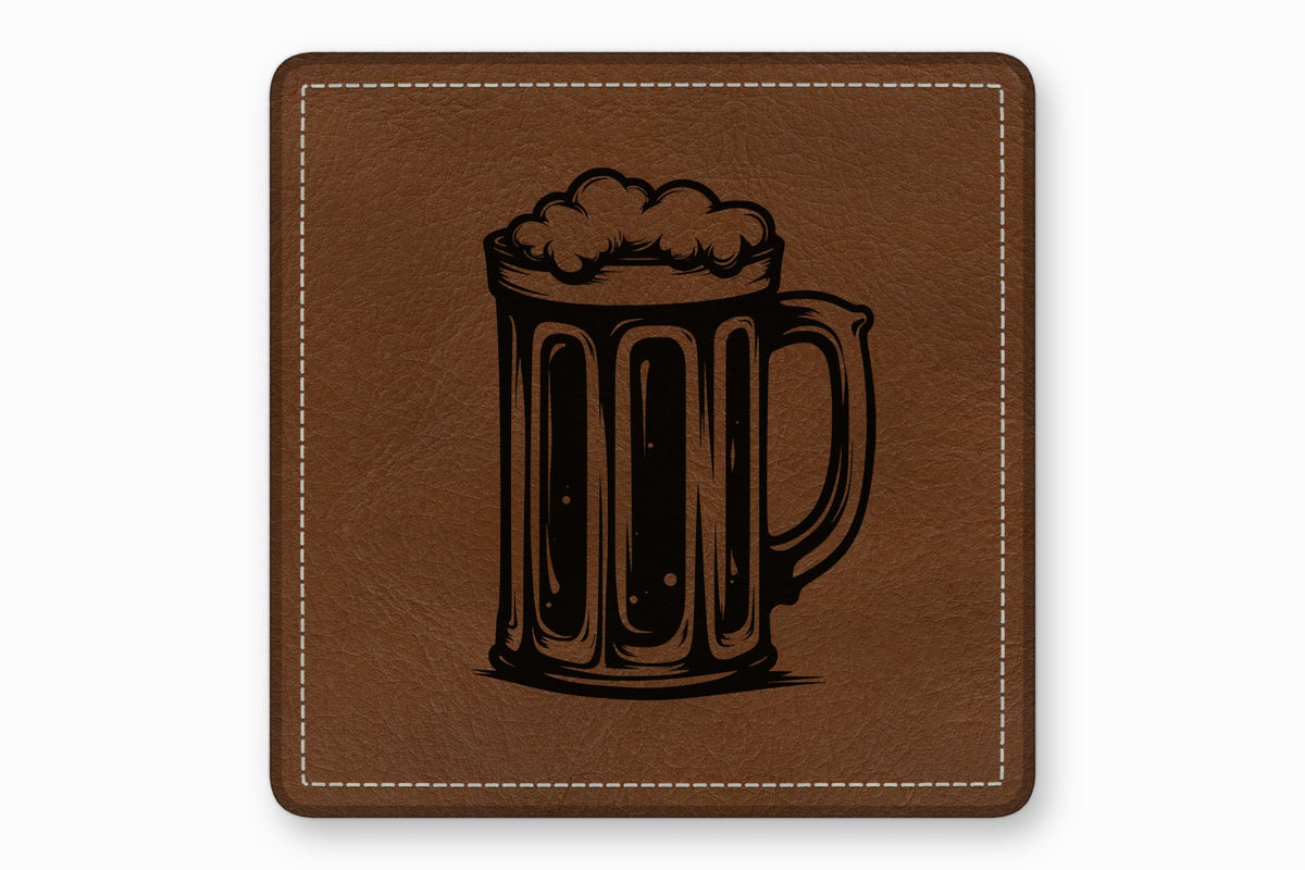 A square brown leather patch with white stitched edges features a black engraved beer mug graphic.