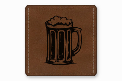 A square brown leather patch with white stitched edges features a black engraved beer mug graphic.