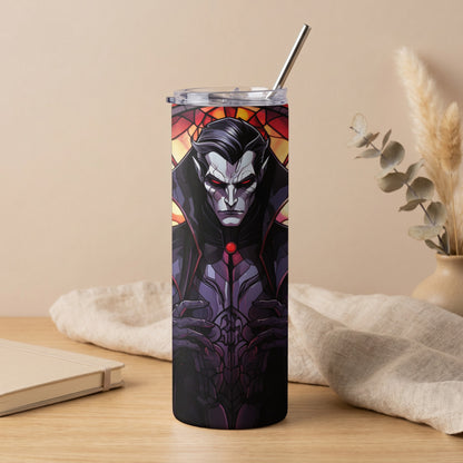 Vampire illustration on a tall tumbler with a stainless steel straw.
