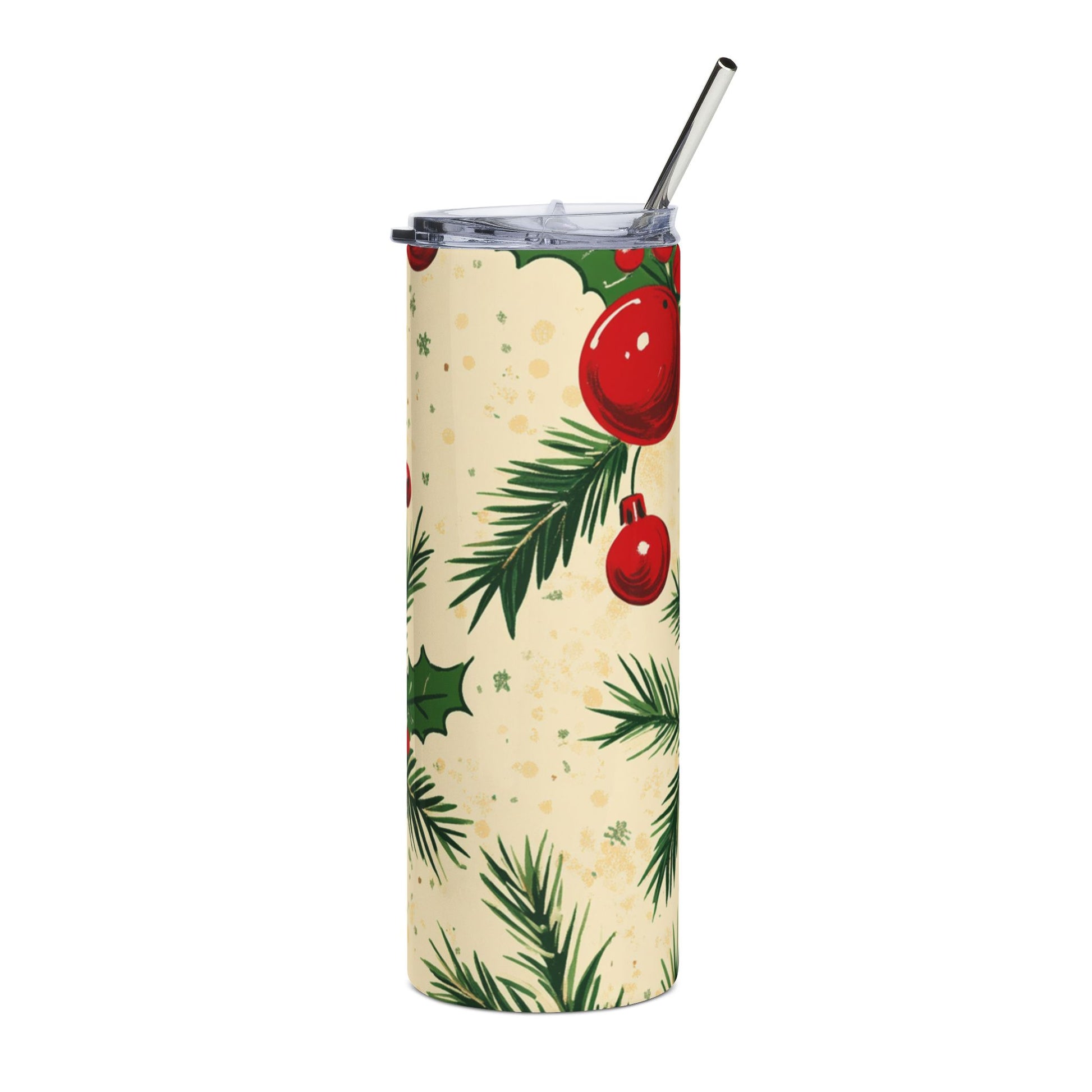 Tall tumbler with a cream background featuring a watercolor-style Christmas pattern of holly, pine branches, and red ornaments.