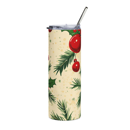 Tall tumbler with a cream background featuring a watercolor-style Christmas pattern of holly, pine branches, and red ornaments.