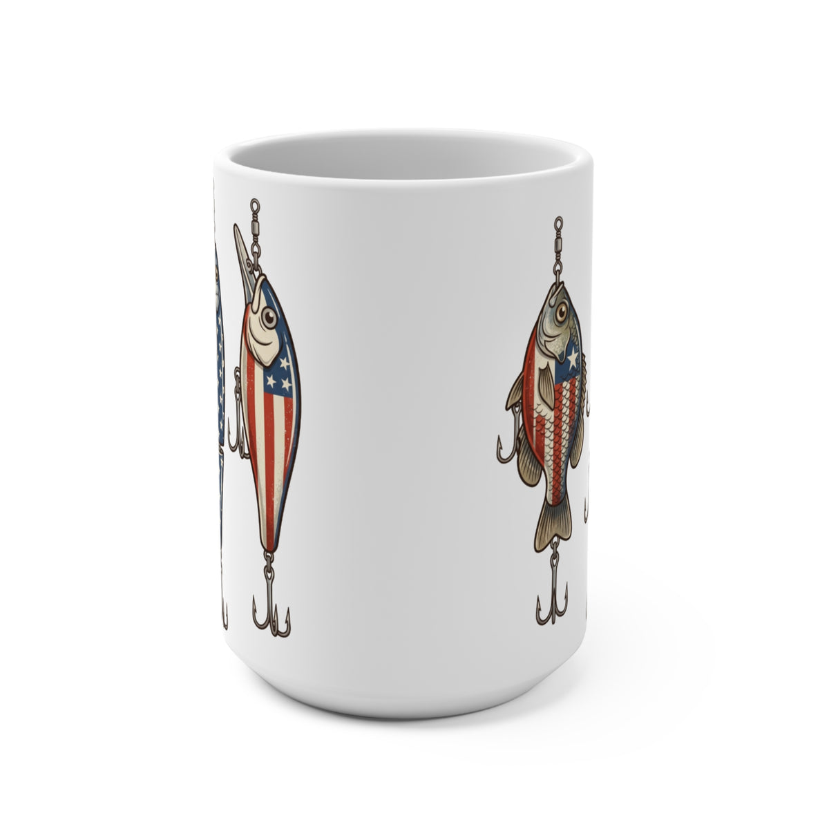 White mug featuring fishing lures decorated with American flag design.