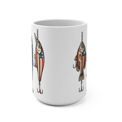 White mug featuring fishing lures decorated with American flag design.