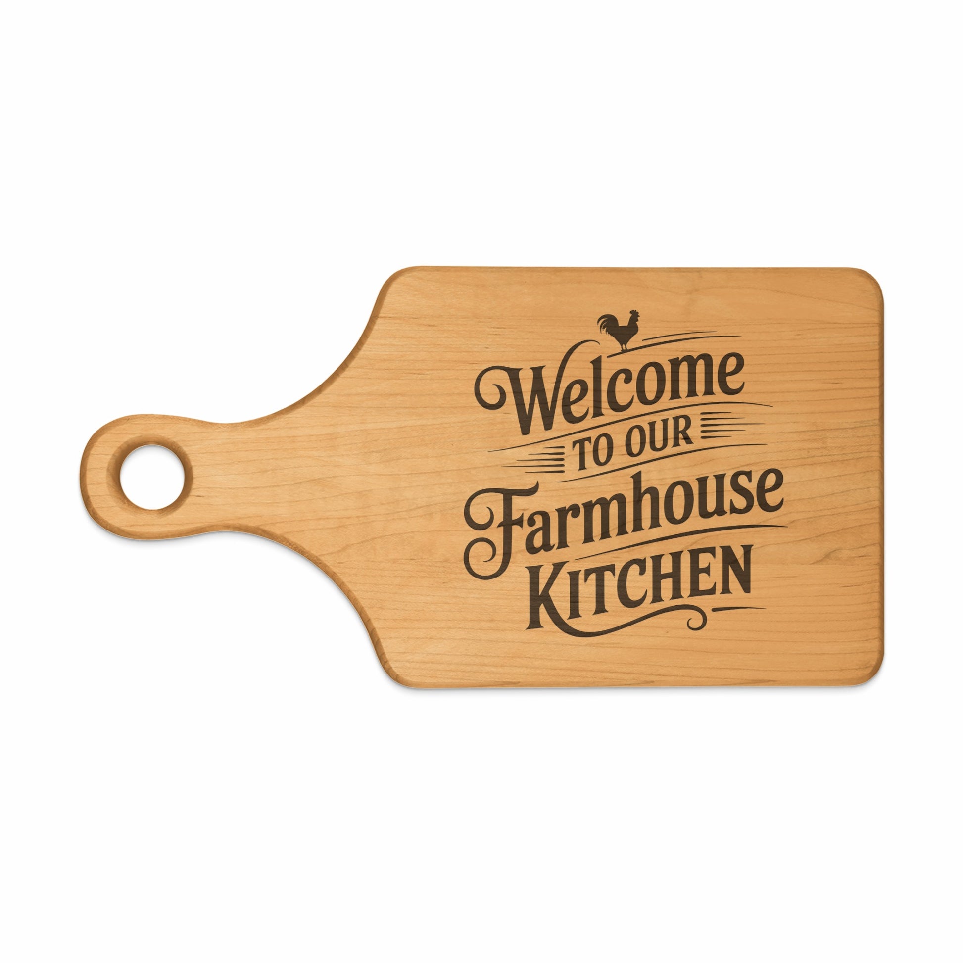 Wooden cutting board with "Welcome to our Farmhouse Kitchen" text and rooster graphic.