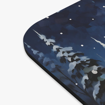 Abstract night scene with snow-covered trees and scattered white dots against a dark blue background.