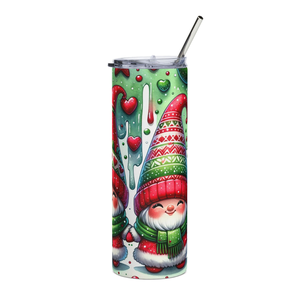 Tumbler with gnomes, hearts, and polka dots, featuring a green background.