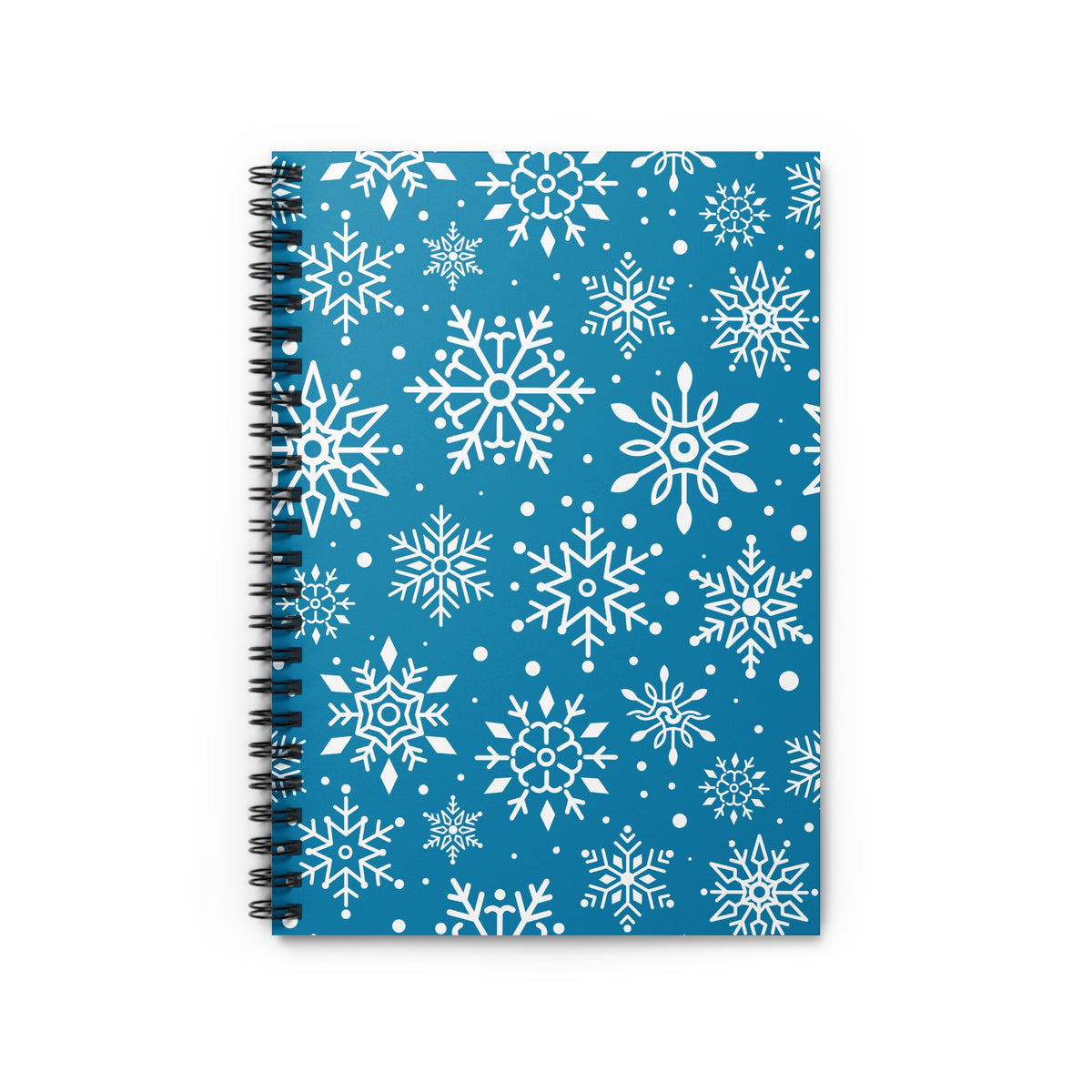 Blue spiral-bound notebook with white snowflake pattern.