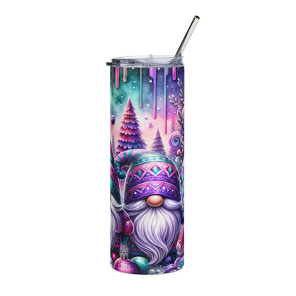 Tumbler with gnome and Christmas trees in a watercolor style.