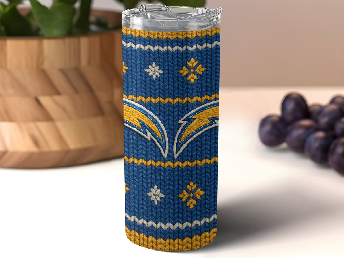 Los Angeles Chargers tumbler with blue, yellow, and white knitted pattern and lightning bolt logo.