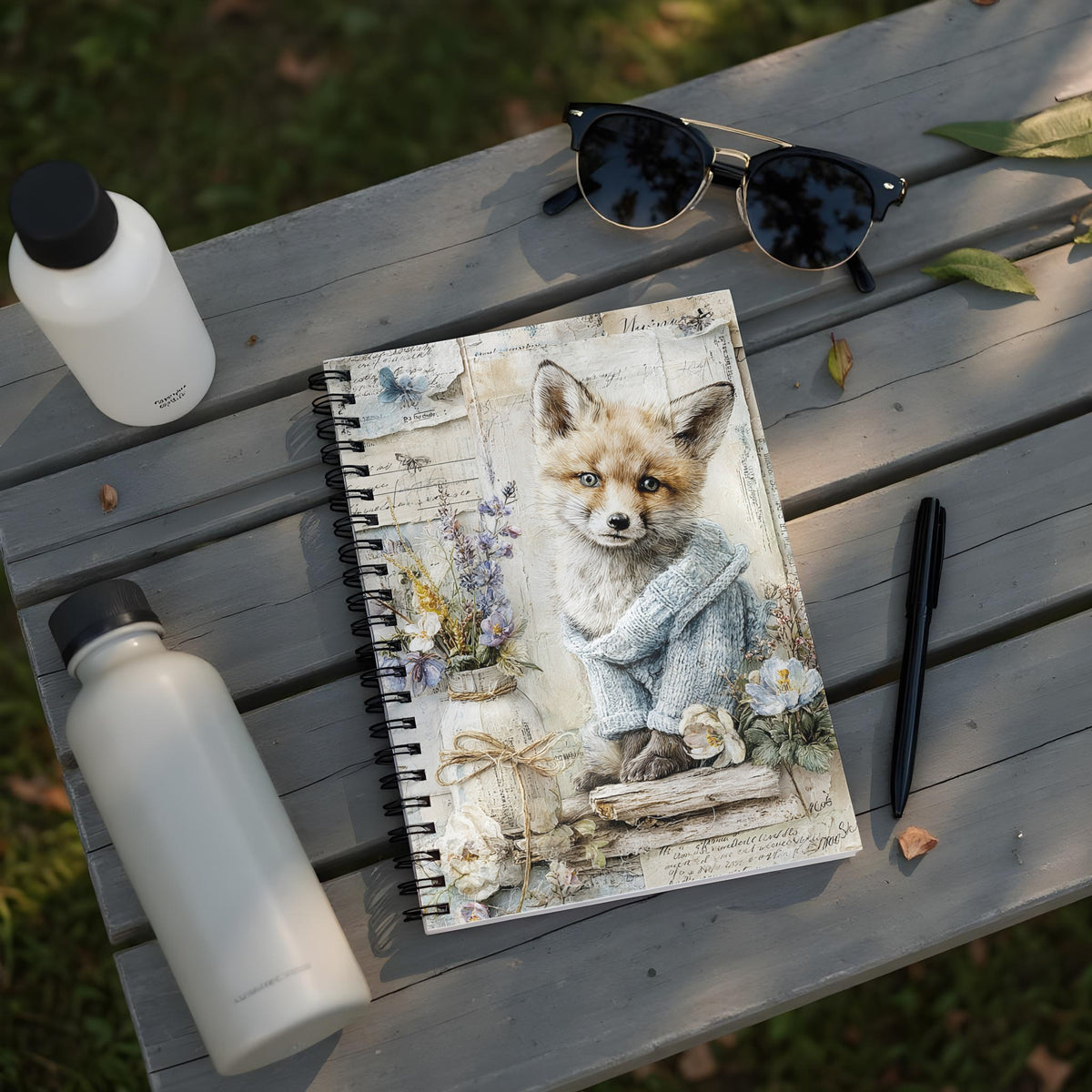 Spiral notebook with a cute fox illustration wearing a sweater, next to bottles and sunglasses.
